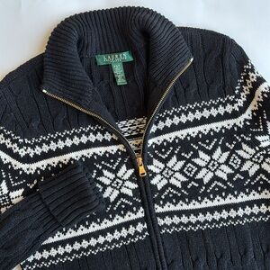 Ralph Lauren Black Cozy Nordic Cable Knit Cardigan Sweater‎ Women’s Petite Small